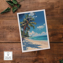 Zanzibar Print showcasing a tropical beach with palm trees and clear blue skies on a wooden background.