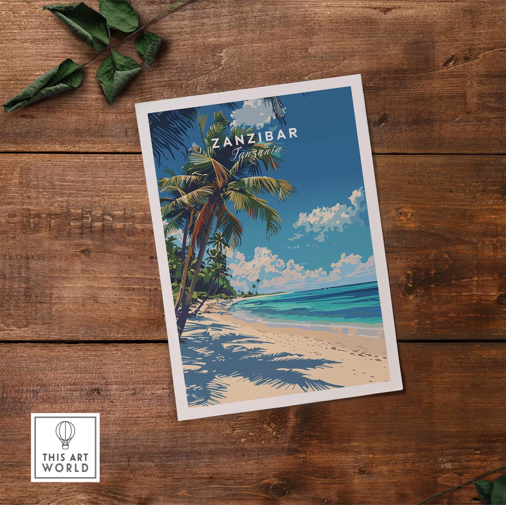 Zanzibar Print showcasing a tropical beach with palm trees and clear blue skies on a wooden background.