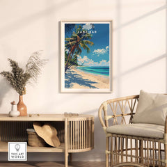 Zanzibar Print vibrant wall art featuring a tropical beach scene with clear waters and palm trees.