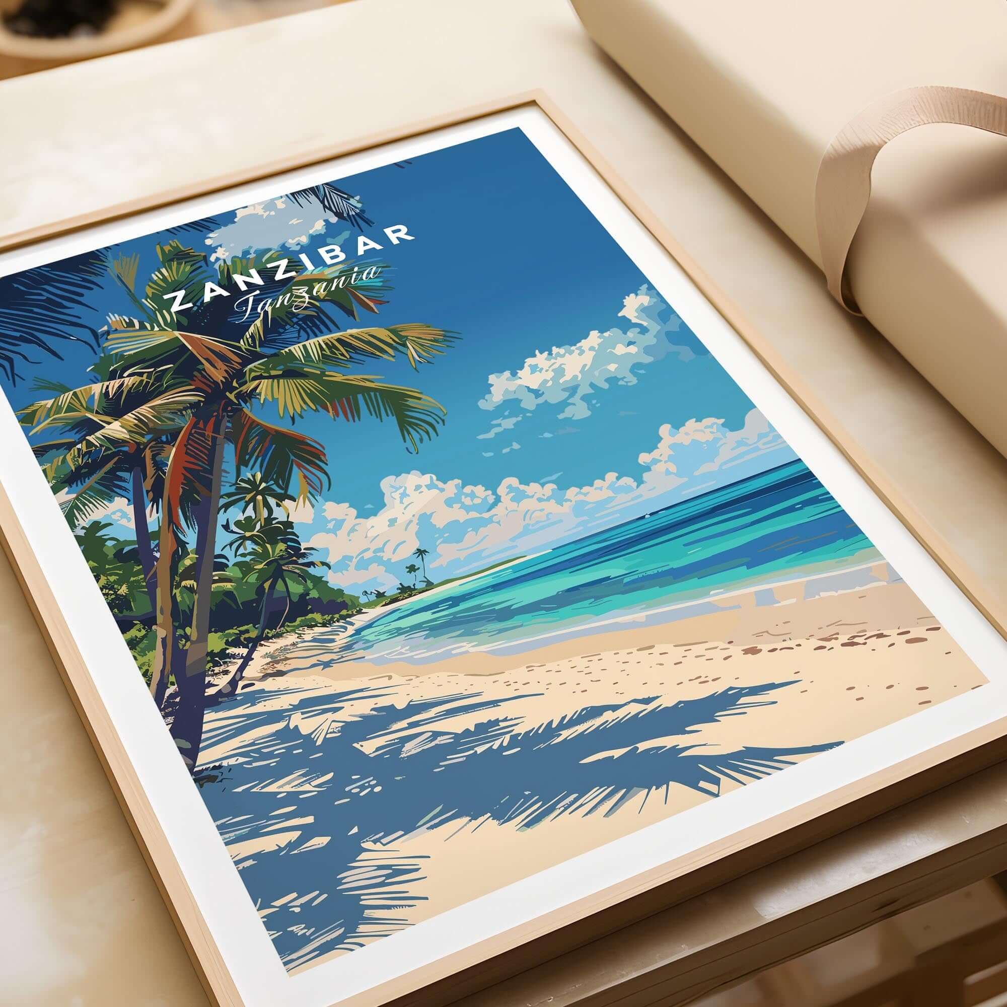 Zanzibar Print featuring a tropical beach with palms, blue skies, and white sands, perfect wall art for island-themed decor.