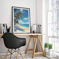 Zanzibar Print wall art on desk in modern interior, showcasing tropical beach with blue skies and palm trees.
