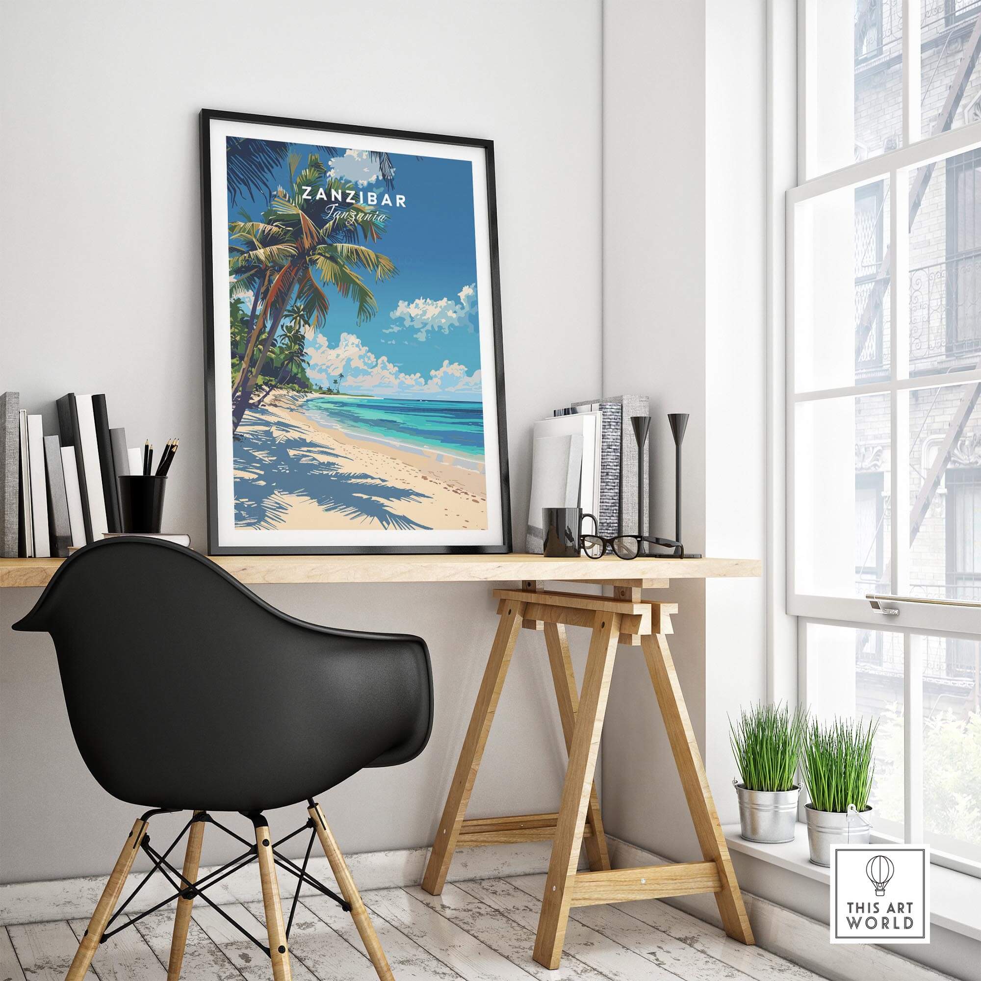 Zanzibar Print wall art on desk in modern interior, showcasing tropical beach with blue skies and palm trees.
