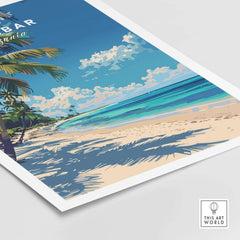 Zanzibar Print featuring a tropical beach scene with palm trees and clear blue water.