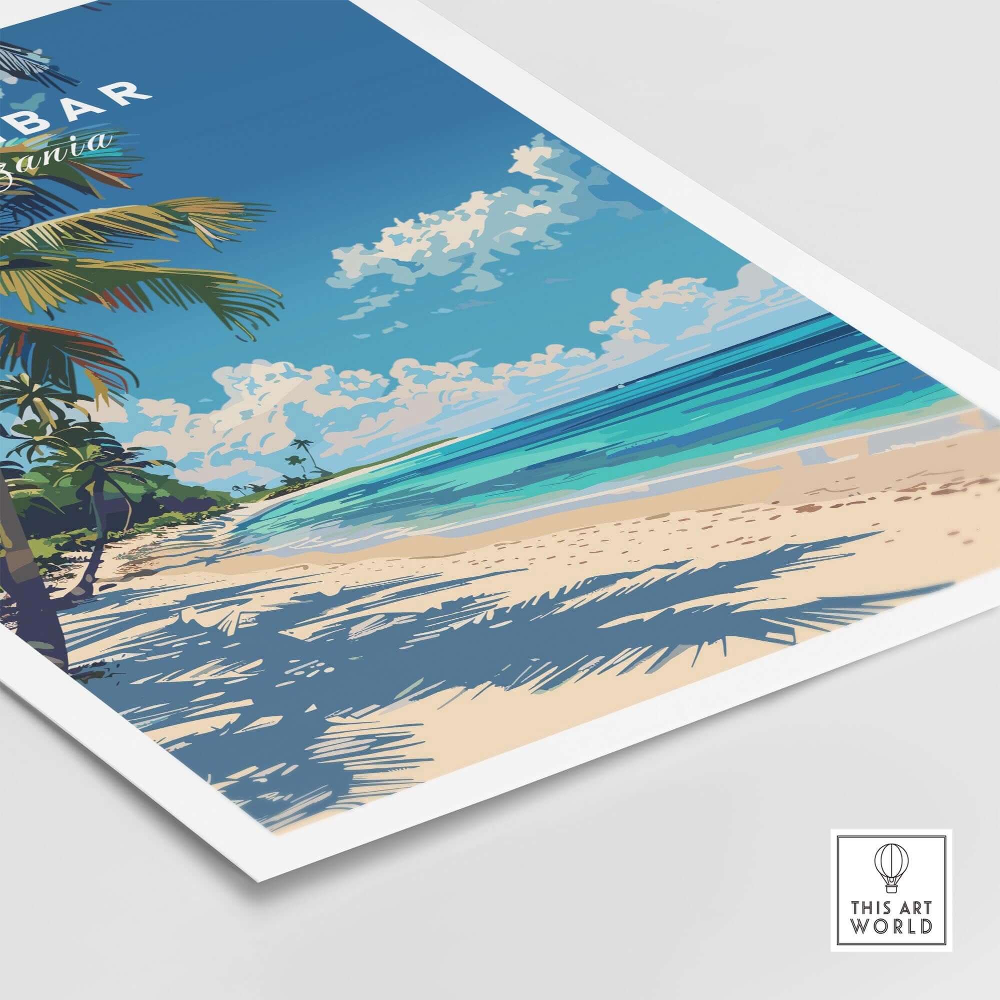 Zanzibar Print featuring a tropical beach scene with palm trees and clear blue water.