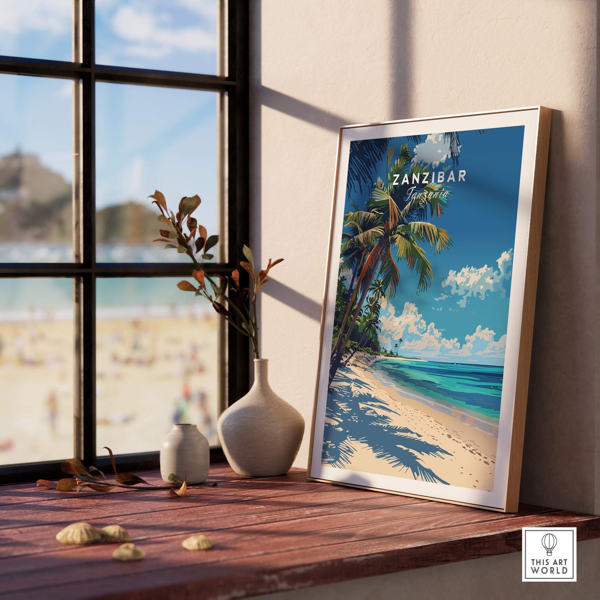 Zanzibar Print wall art displayed by a window with beach view, capturing tropical essence and vibrant colors.