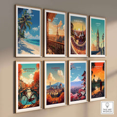 Zanzibar Print wall art featuring vibrant scenery from Tanzania alongside iconic city prints.