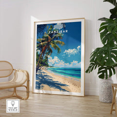 Zanzibar Print vibrant wall art featuring tropical beach scenery with blue skies and palm trees.
