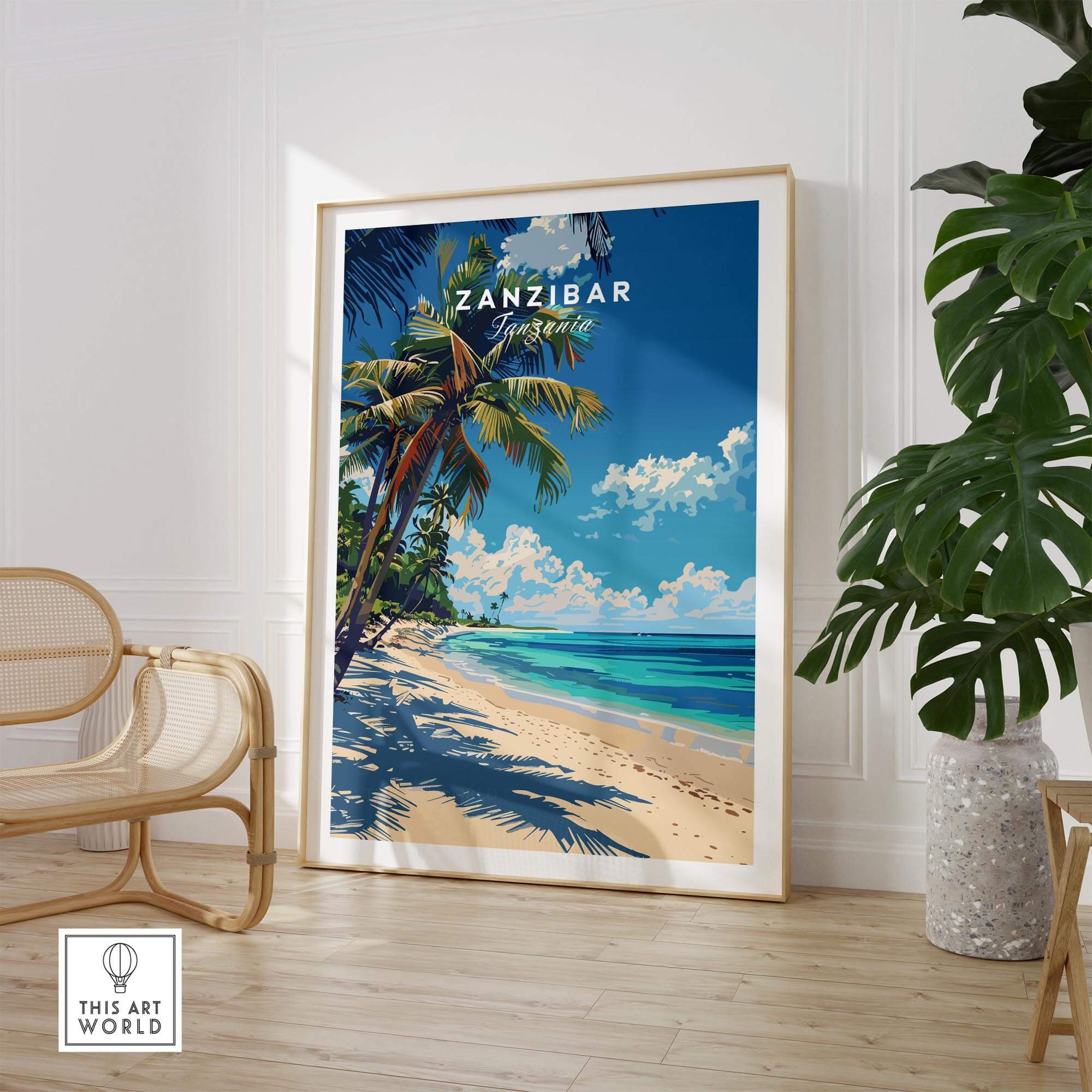 Zanzibar Print vibrant wall art featuring tropical beach scenery with blue skies and palm trees.
