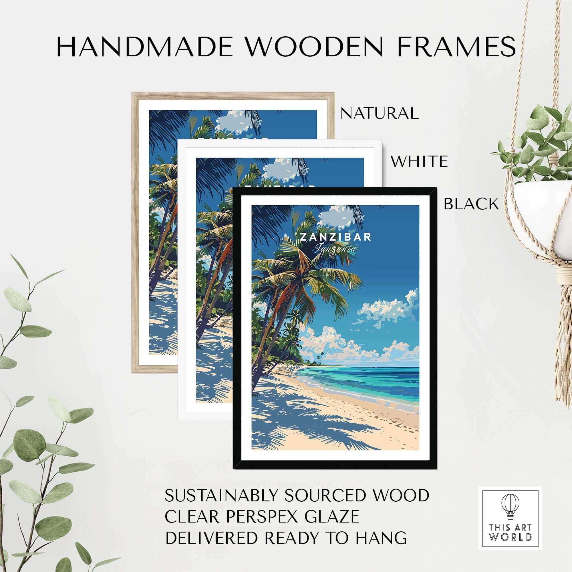 Zanzibar Print in handmade wooden frames, showcasing natural, white, and black options with clear perspex glaze.