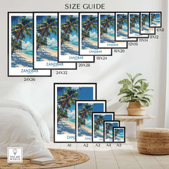 Zanzibar Print -  Tanzania size guide displaying various frame sizes and wall decor options.