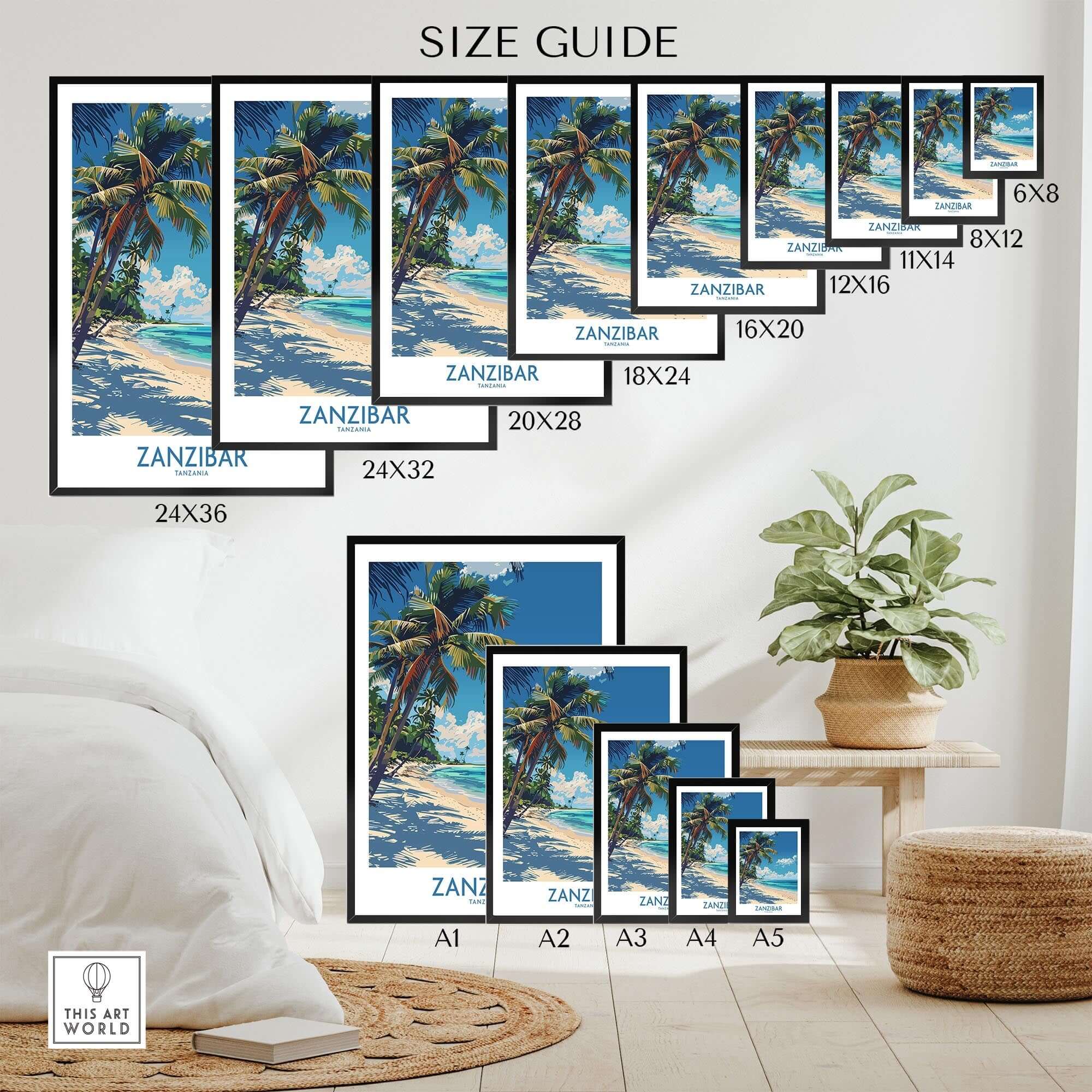 Zanzibar Print -  Tanzania size guide displaying various frame sizes and wall decor options.