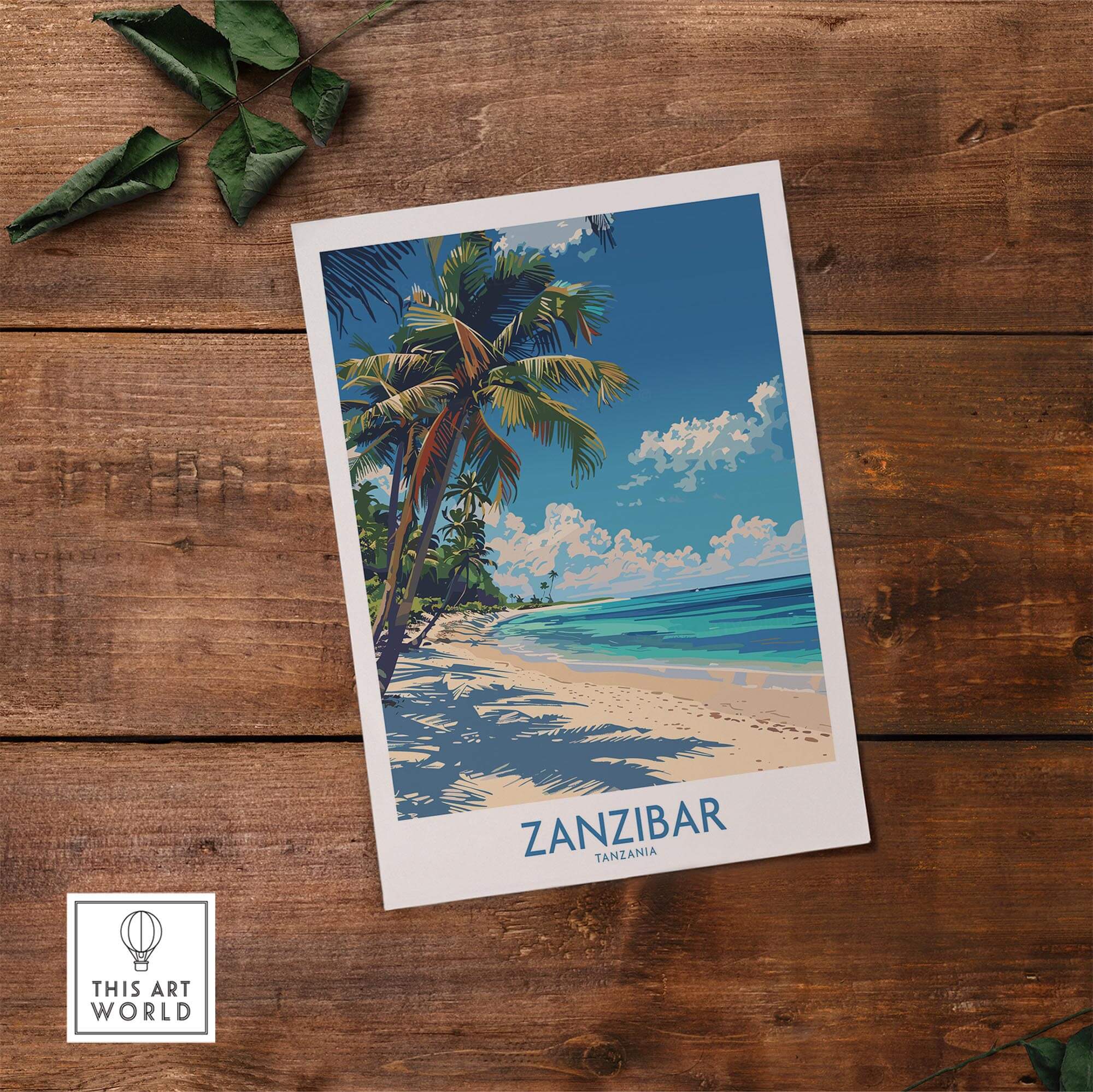 Zanzibar Print - Tanzania featuring a tropical beach scene with palm trees and vibrant blue skies.