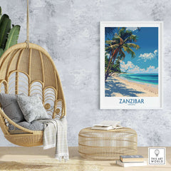Zanzibar Print -  Tanzania featured in a stylish interior with a hanging chair and natural decor.