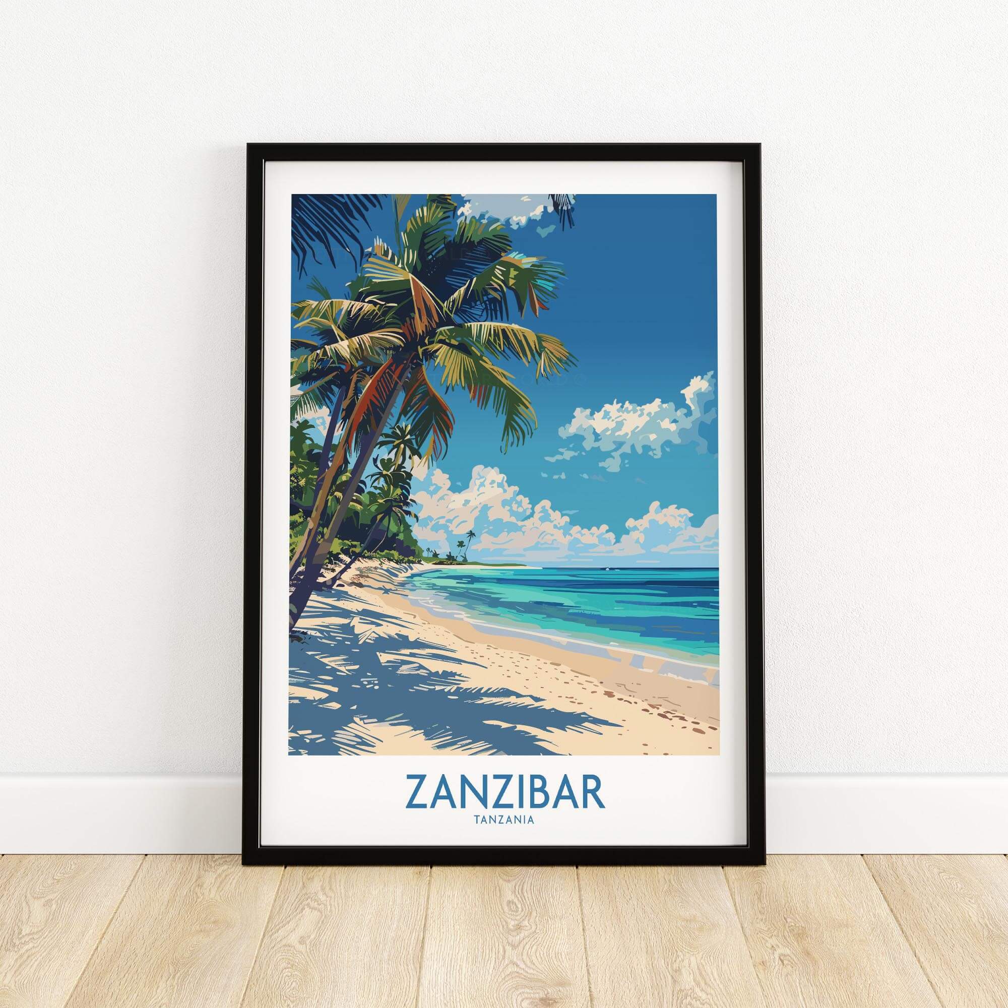 Zanzibar Print -  Tanzania featuring a tropical beach scene with palm trees and vibrant colors.