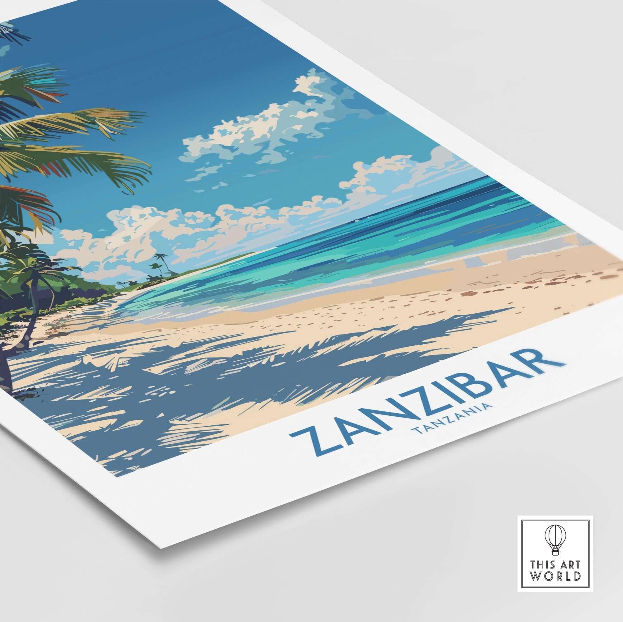 Zanzibar Print -  Tanzania featuring a beautiful beach scene with palm trees and vibrant blue waters.