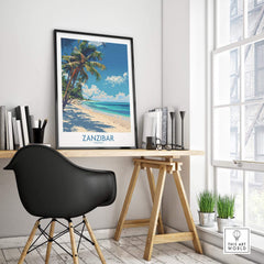 Zanzibar Print - Tanzania framed in a stylish office setting, showcasing tropical beach vibes.