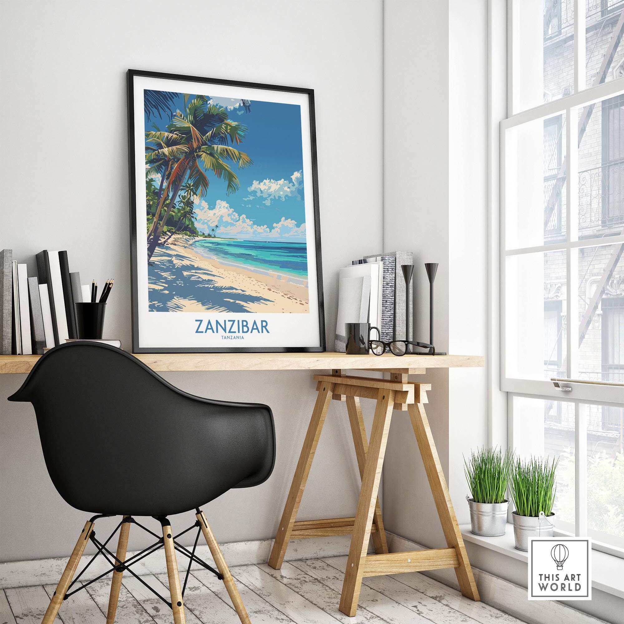 Zanzibar Print - Tanzania framed in a stylish office setting, showcasing tropical beach vibes.