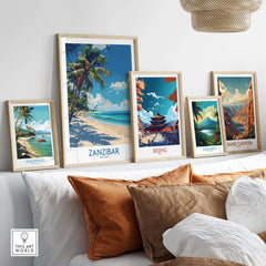 Zanzibar Print - Tanzania featured in a collection of vibrant travel prints on a stylish decorative wall.