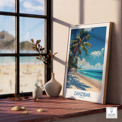 Zanzibar Print -  Tanzania displayed in a sunny room, showcasing vibrant tropical landscape and beach scene.