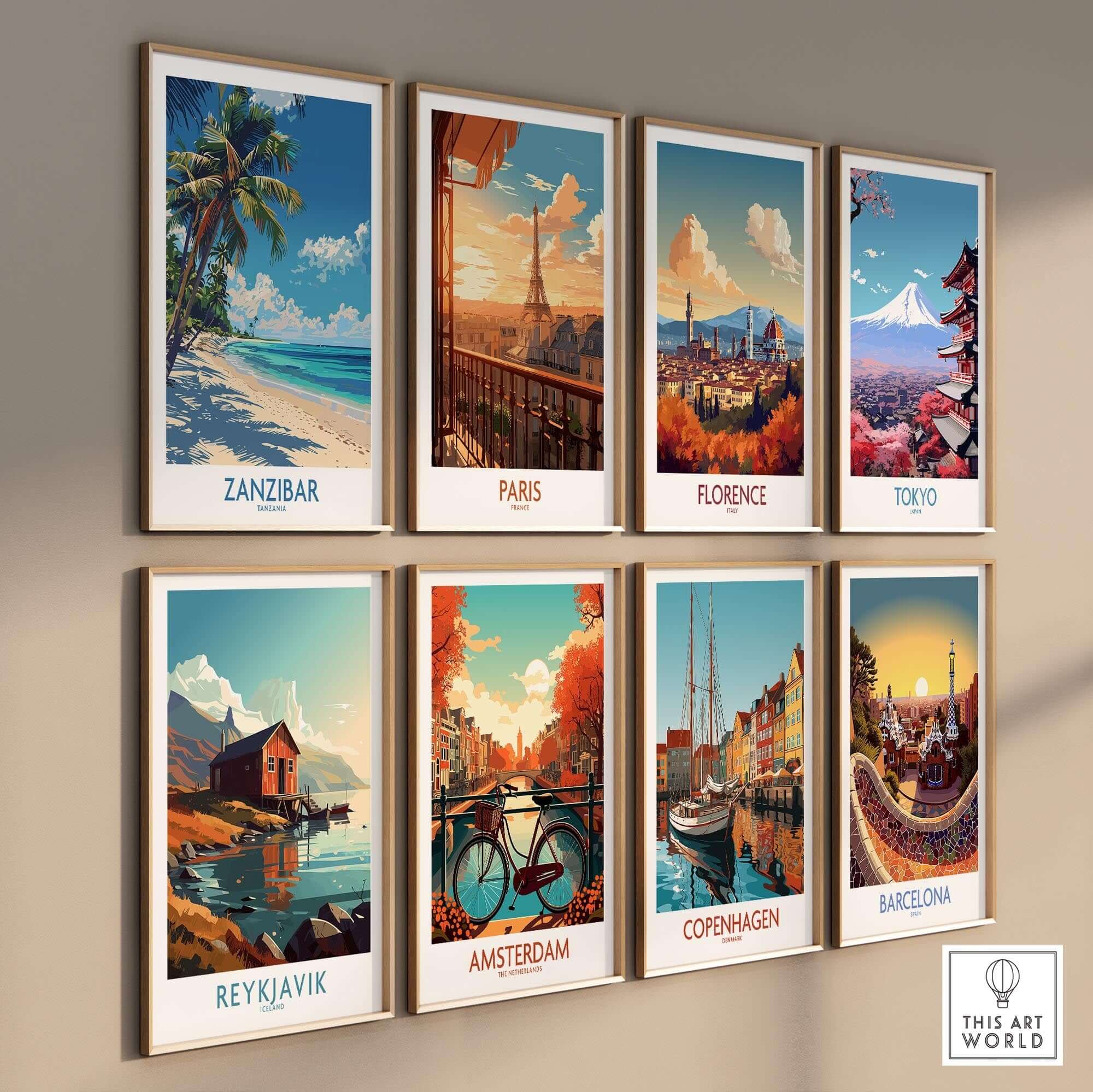 Zanzibar Print -  Tanzania featuring vibrant scenes from various cities including Zanzibar and famous landmarks.
