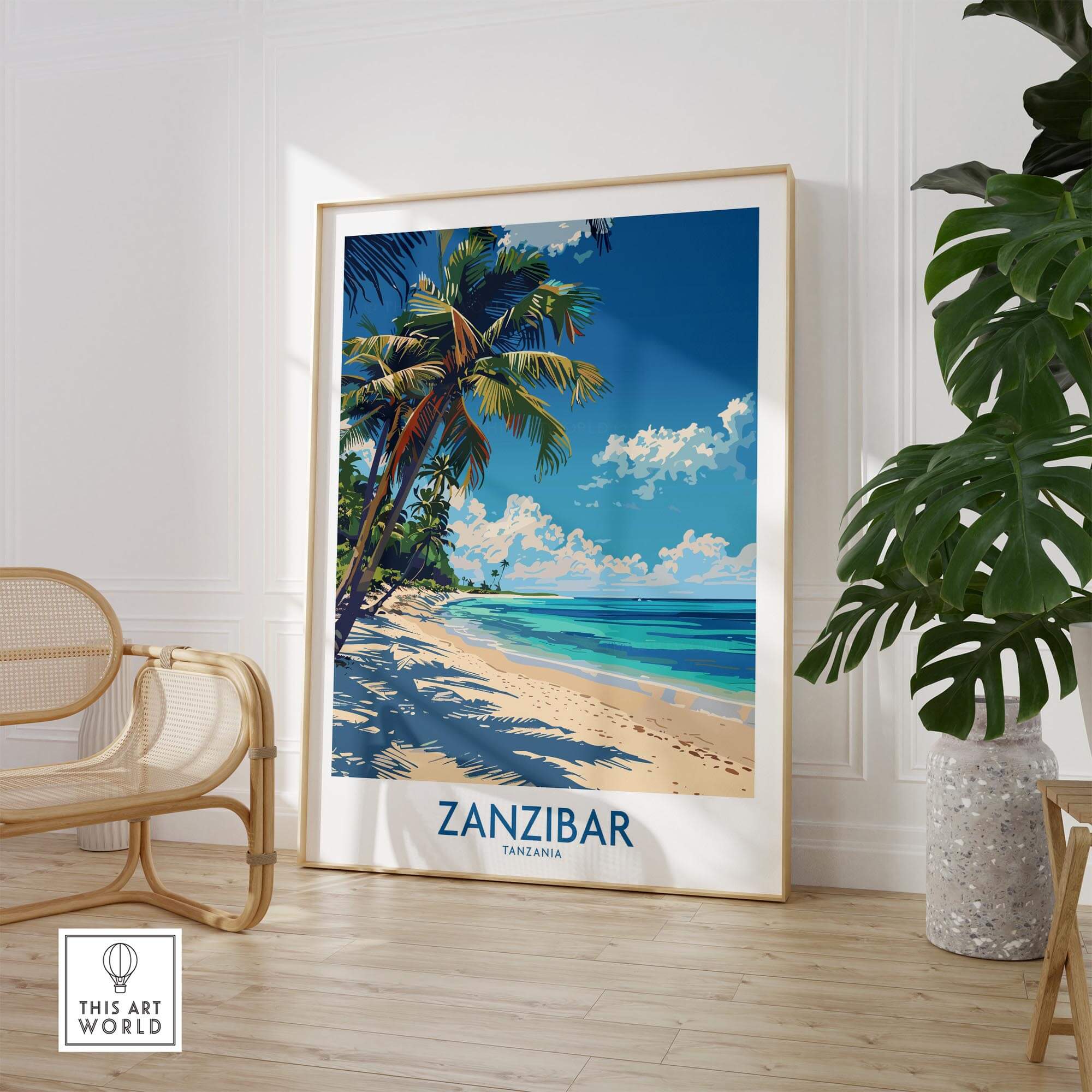Zanzibar Print -  Tanzania featuring vibrant beach scenery with palm trees, bringing exotic decor into your home.