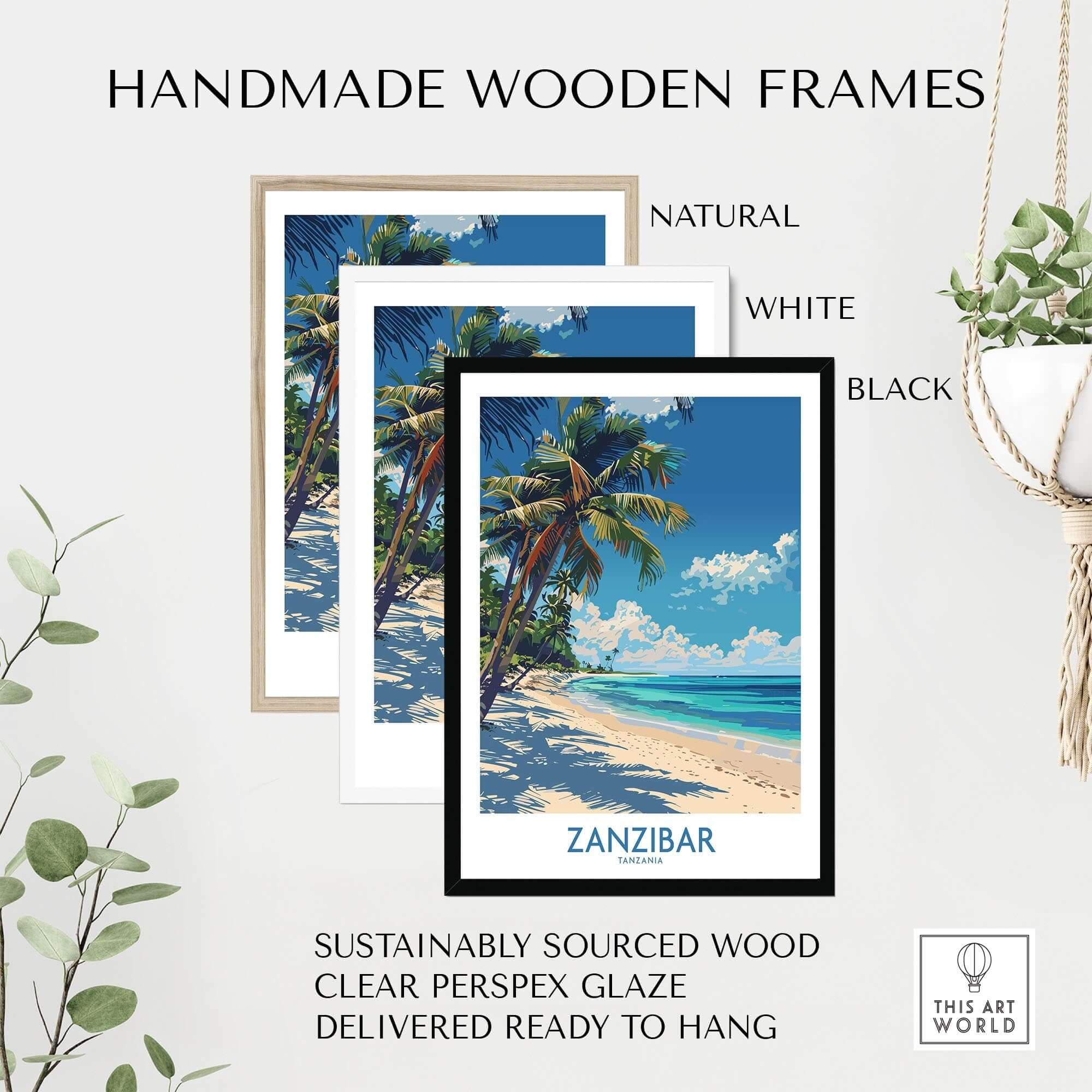 Zanzibar Print -  Tanzania displayed in handmade wooden frames, natural, white, and black options available.