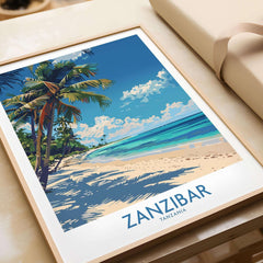 Zanzibar Print -  Tanzania showcasing vibrant beach scene with palm trees and clear blue waters.
