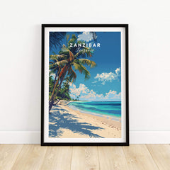 Zanzibar Print vibrant wall art featuring a tropical beach with palm trees and clear blue skies.