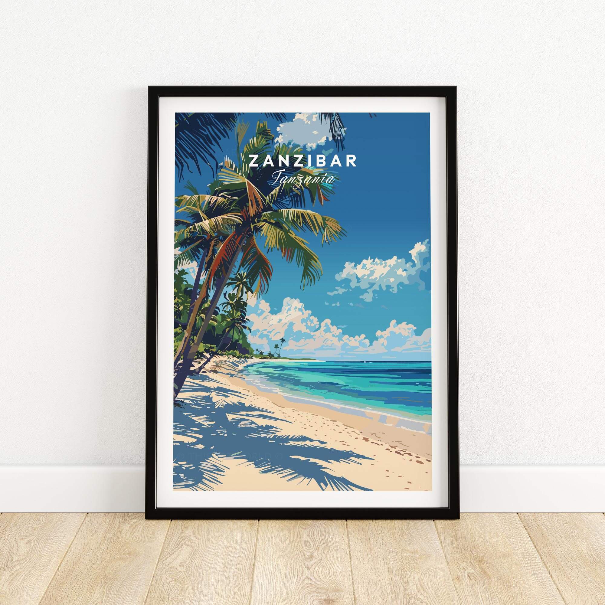 Zanzibar Print vibrant wall art featuring a tropical beach with palm trees and clear blue skies.