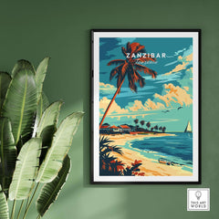 Zanzibar Travel Poster showcasing a vibrant beach scene with palm trees and ocean views, perfect for travel lovers.