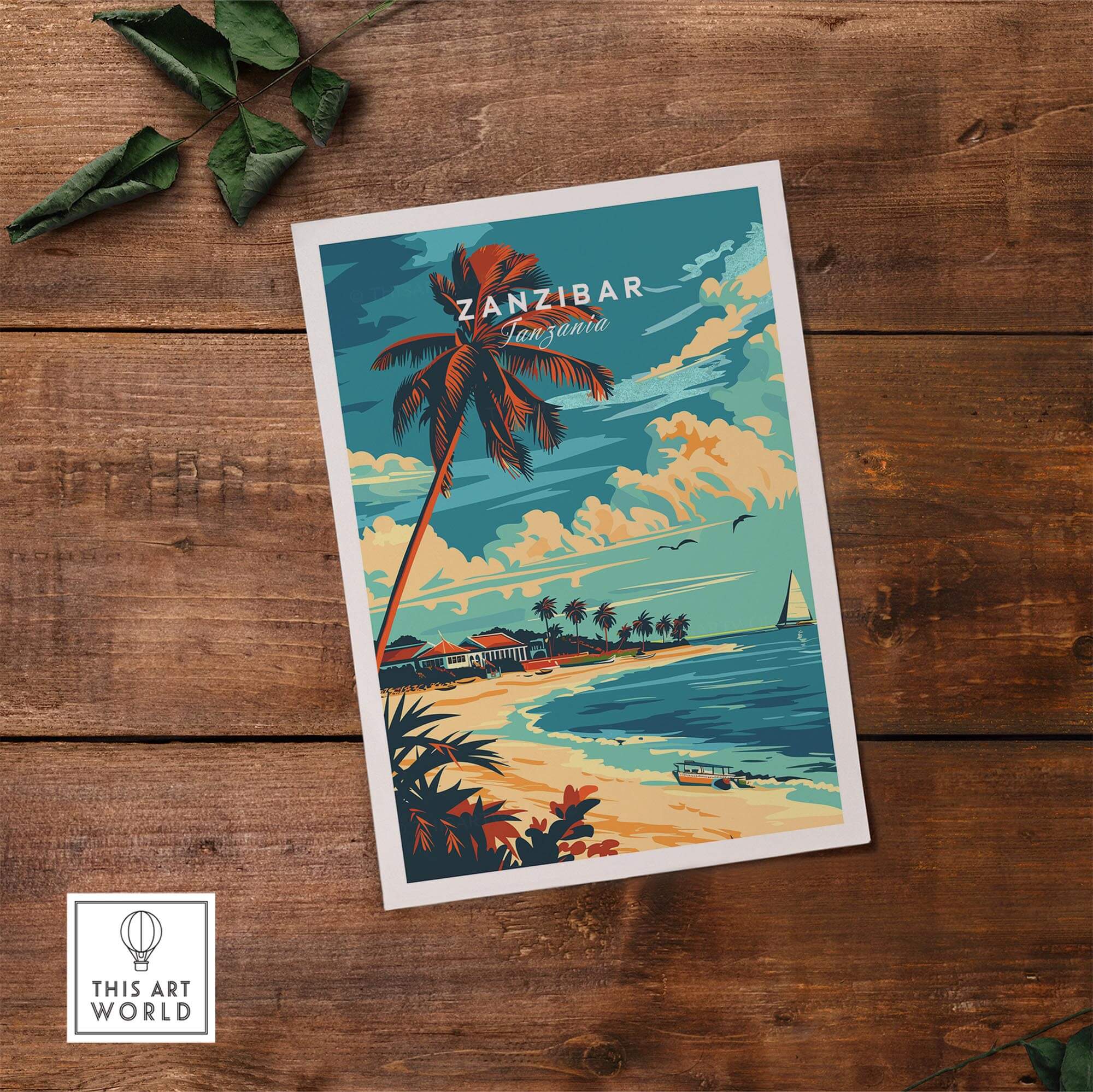 Zanzibar Travel Poster featuring a tropical beach scene with palm trees and a clear blue ocean.