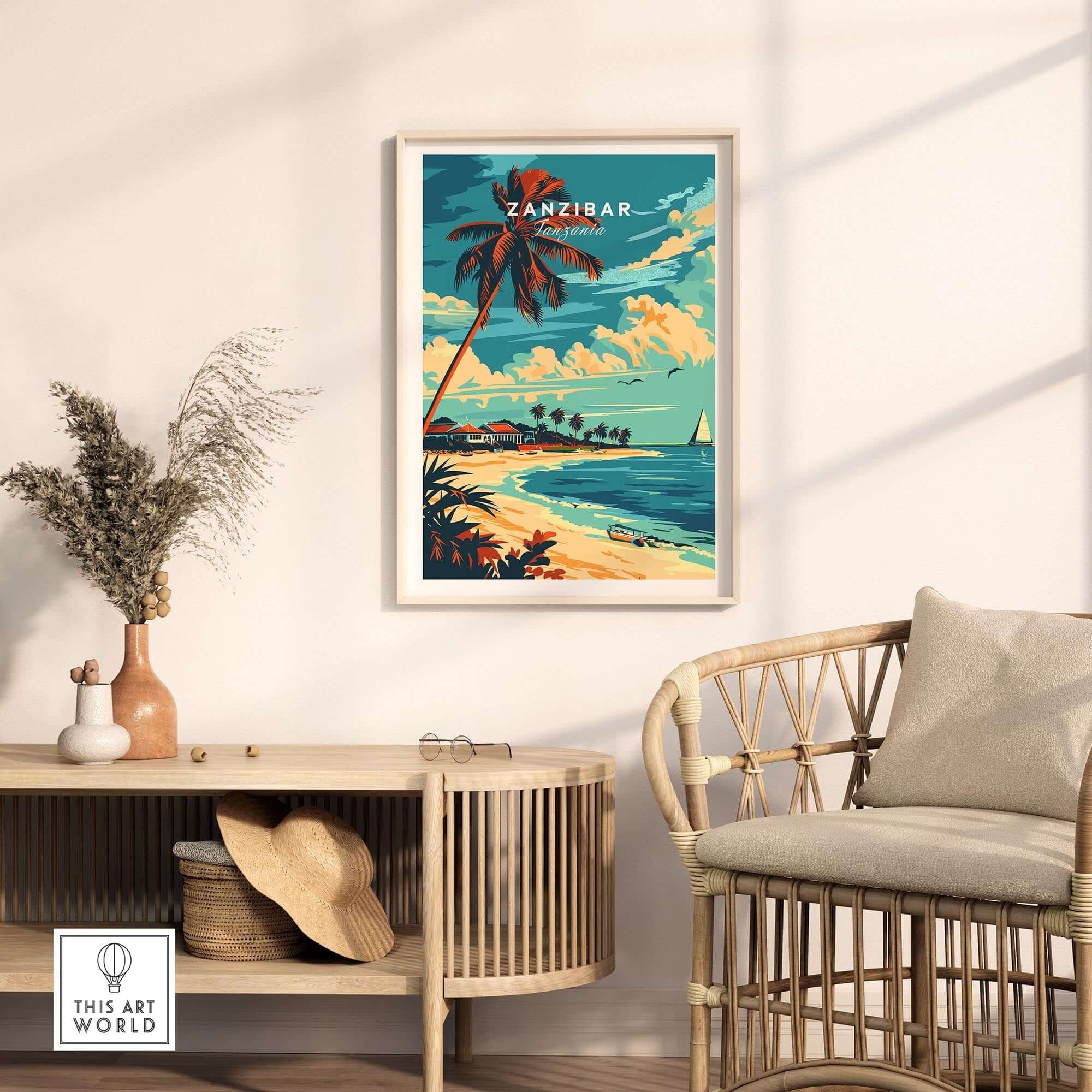 Zanzibar Travel Poster showcasing a tropical seaside scene with palm trees and clear waters in a stylish interior.