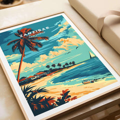 Zanzibar Travel Poster showcasing a vibrant tropical beach scene with palm trees and clear Indian Ocean waters.