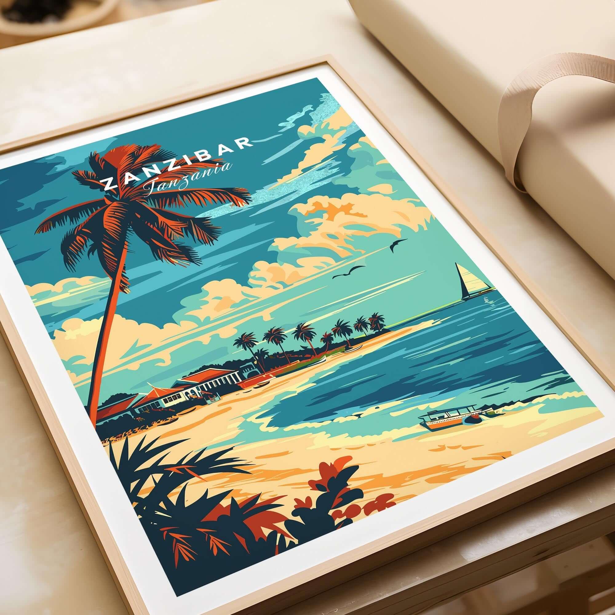 Zanzibar Travel Poster showcasing a vibrant tropical beach scene with palm trees and clear Indian Ocean waters.