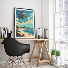 Zanzibar Travel Poster featuring tropical palm trees and a beautiful coastline in a stylish home office setting.