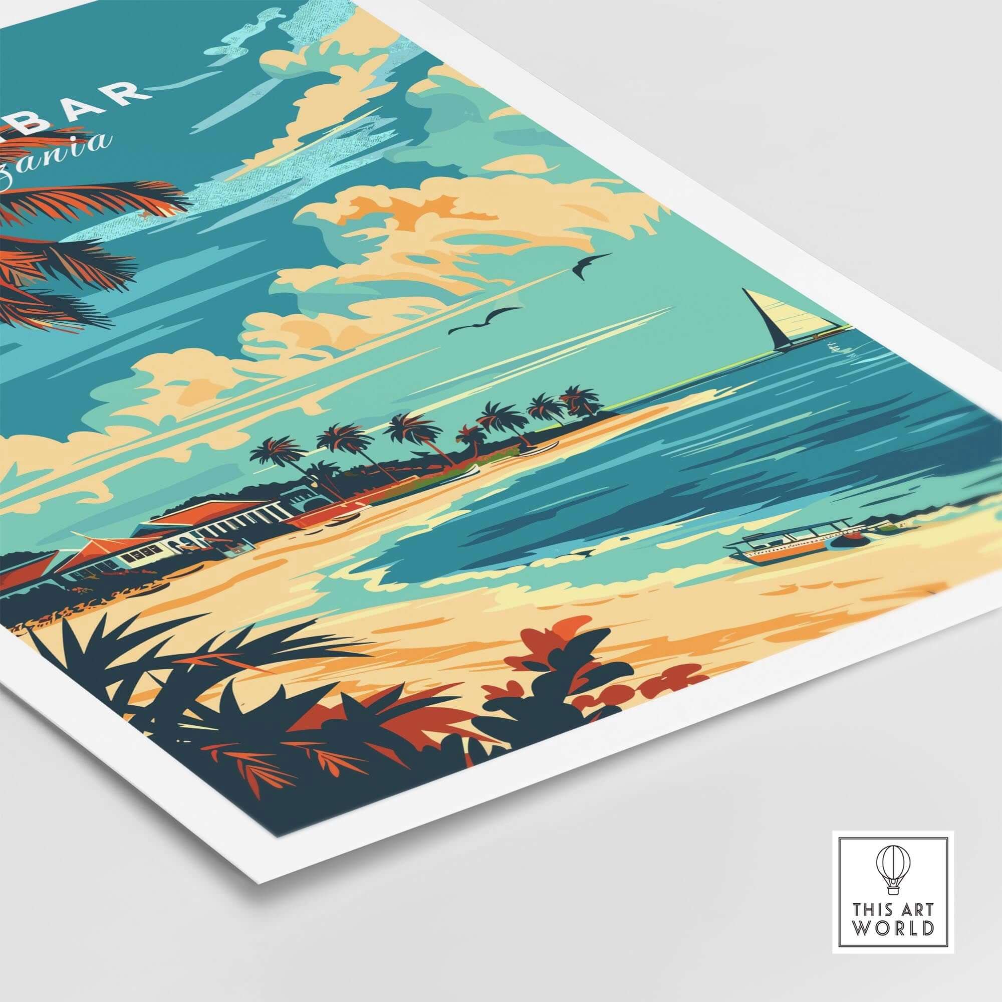 Zanzibar Travel Poster showcasing the picturesque coastline, vibrant colors, and tropical vibes of Tanzania Islands.