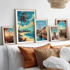 Zanzibar Travel Poster displayed among other travel posters, capturing tropical scenery and coastal beauty.