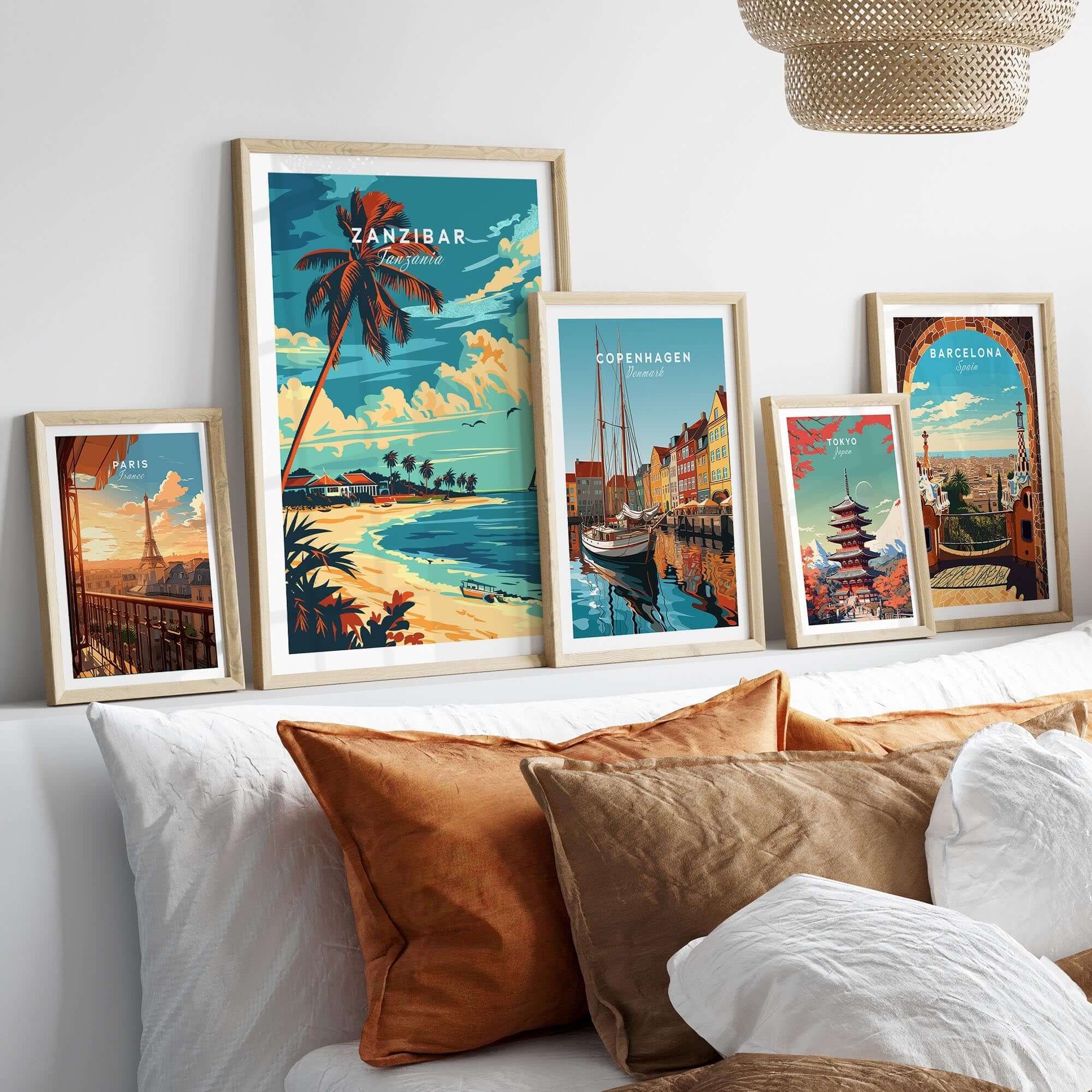 Zanzibar Travel Poster displayed among other travel posters, capturing tropical scenery and coastal beauty.