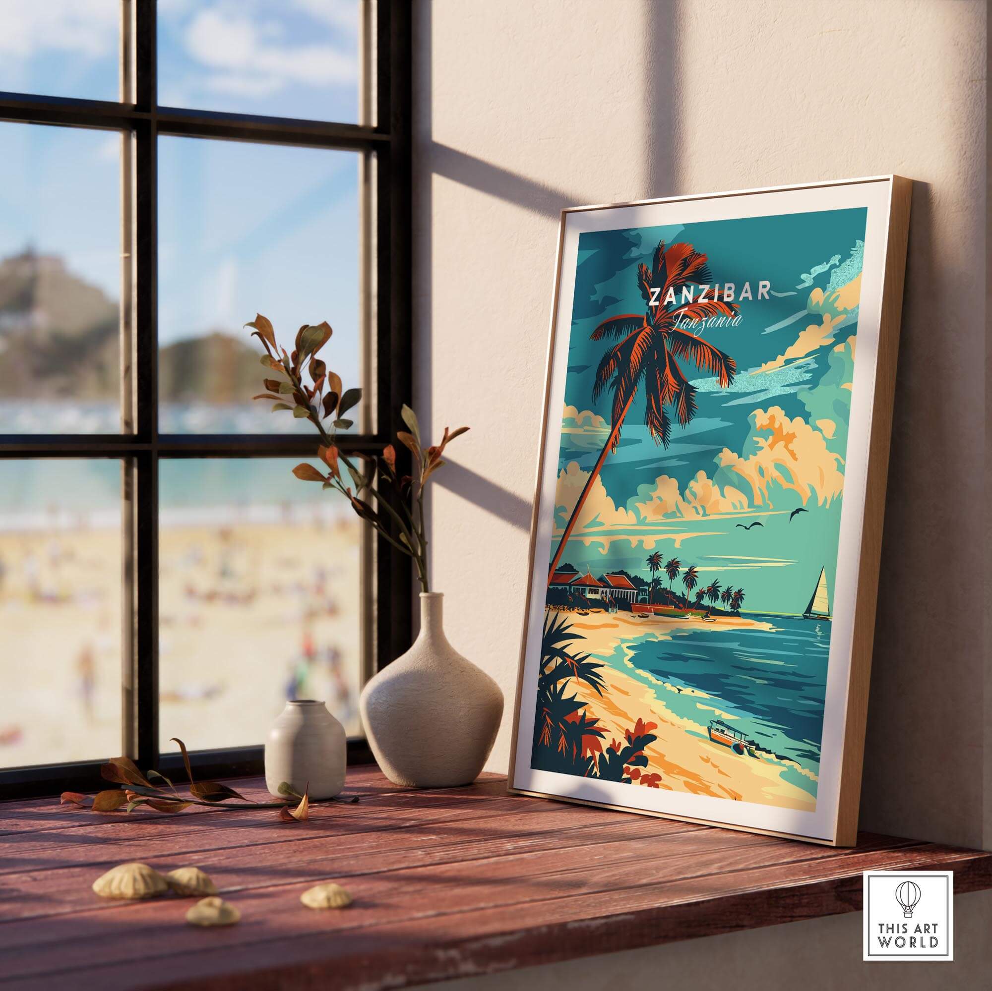 Zanzibar Travel Poster featuring a tropical beach scene with palm trees and crystal clear waters.