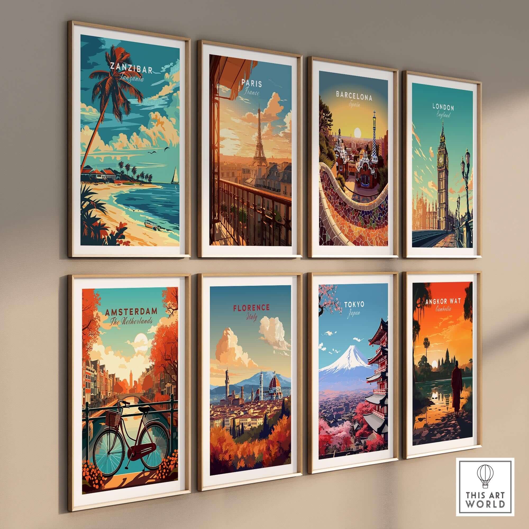 Zanzibar Travel Poster showcasing beautiful coastline and tropical charm of Tanzania Islands wall art in a framed display.