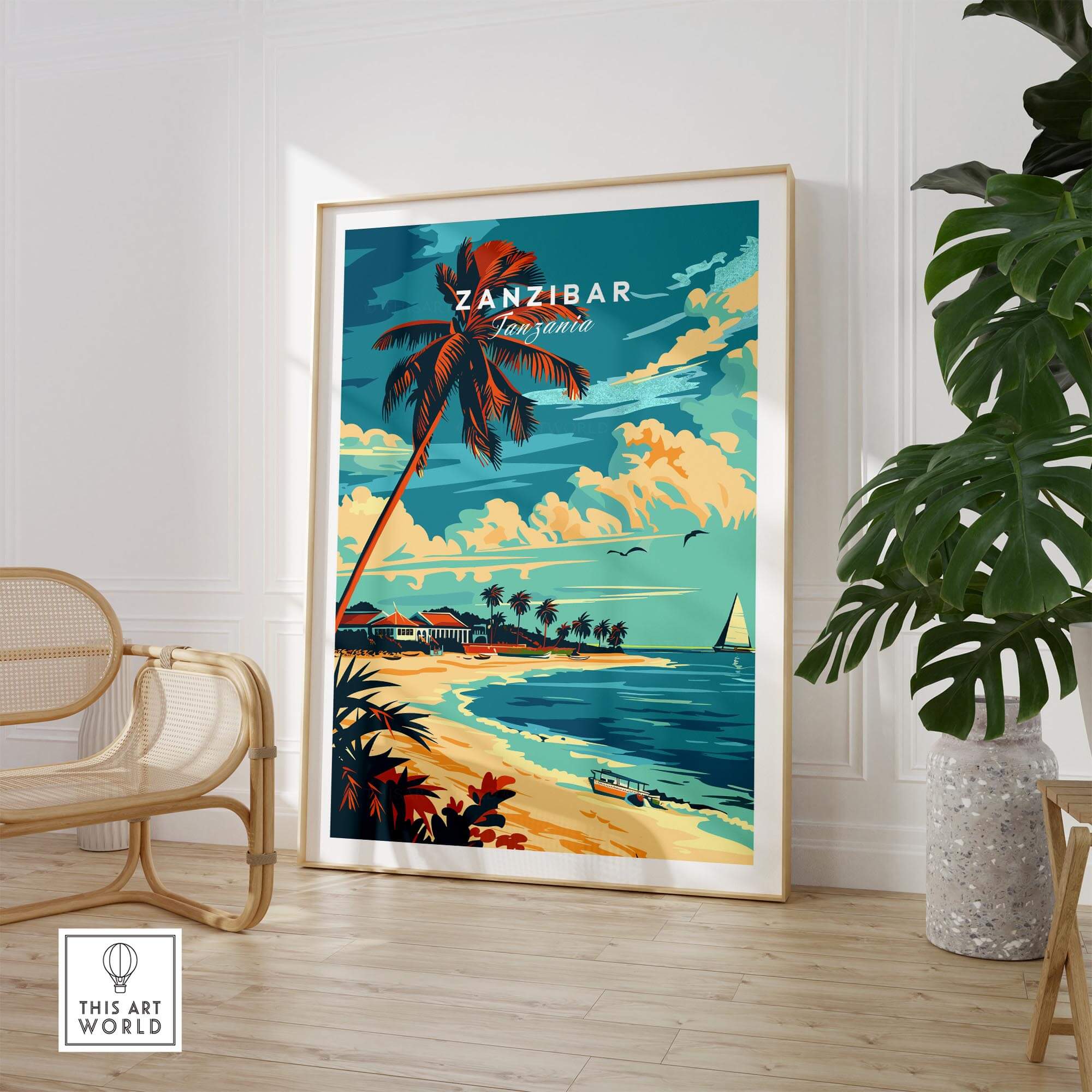 Zanzibar Travel Poster showcasing a vibrant coast and palm trees, perfect for travel lovers' home decor.