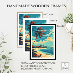 Zanzibar Travel Poster displayed in handmade wooden frames in natural, white, and black options, showcasing tropical paradise.