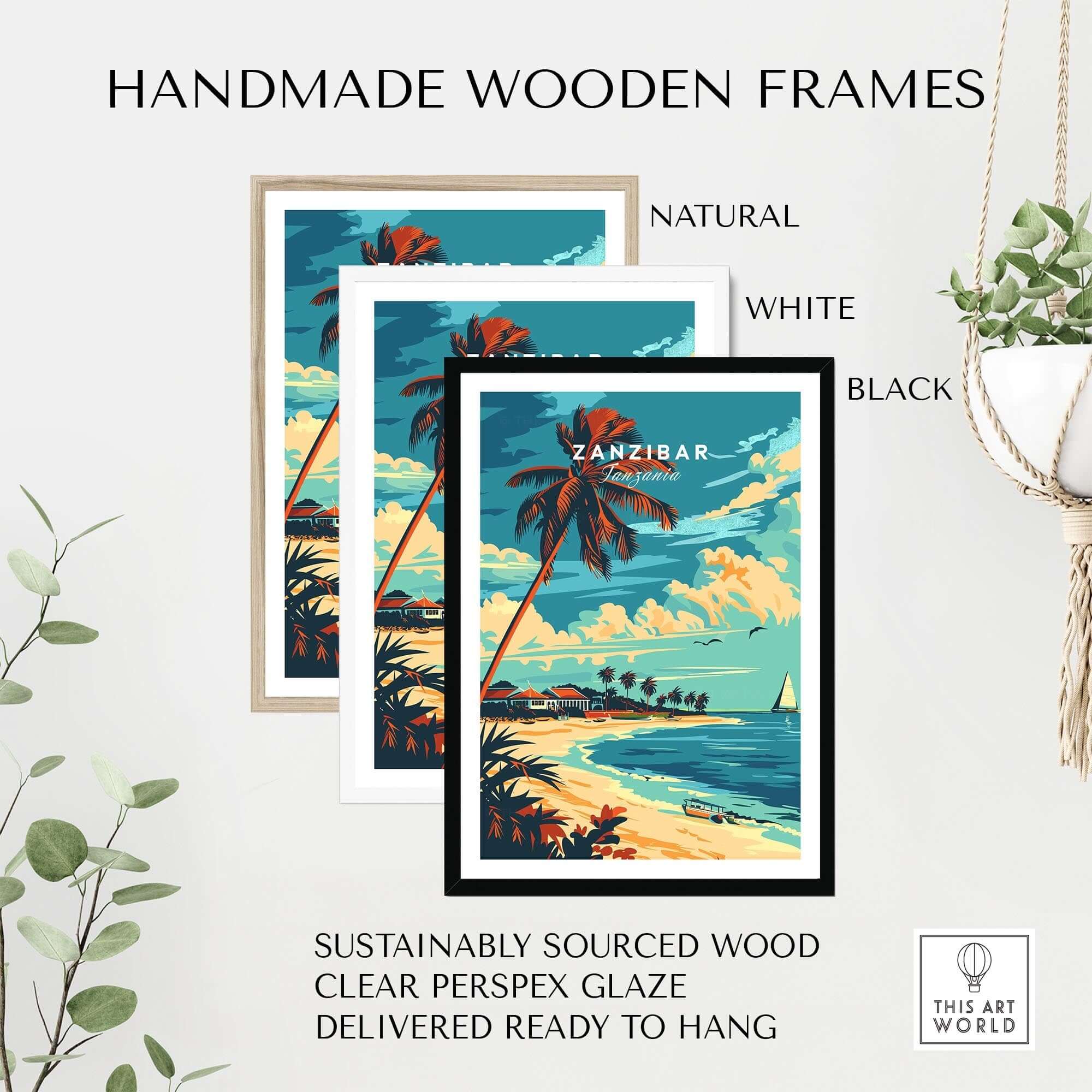 Zanzibar Travel Poster displayed in handmade wooden frames in natural, white, and black options, showcasing tropical paradise.