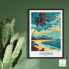 Zanzibar Travel Poster - Tanzania showcasing tropical beach and palm trees, capturing the essence of paradise.