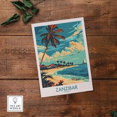 Zanzibar Travel Poster - Tanzania showcasing tropical beaches and palm trees on a wooden table.