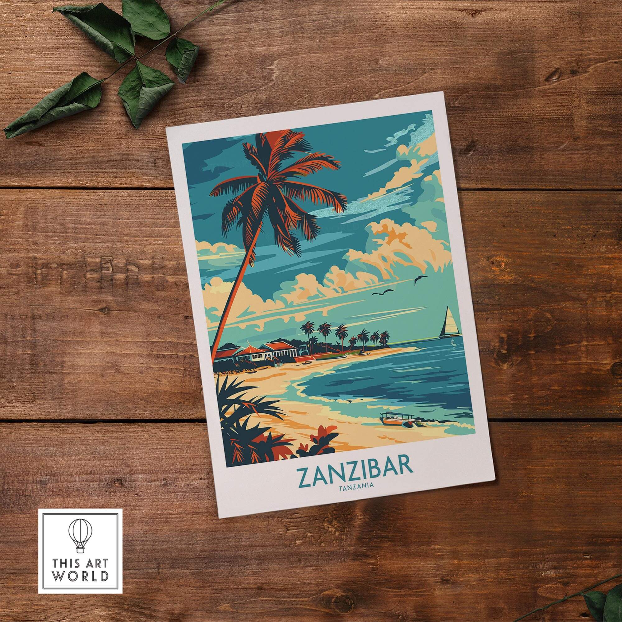 Zanzibar Travel Poster - Tanzania showcasing tropical beaches and palm trees on a wooden table.