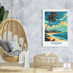 Zanzibar Travel Poster - Tanzania displayed in a cozy interior with a hanging chair and decor accents.