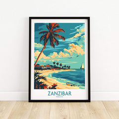 Zanzibar Travel Poster - Tanzania featuring vibrant beach scene with palm trees and turquoise waters.