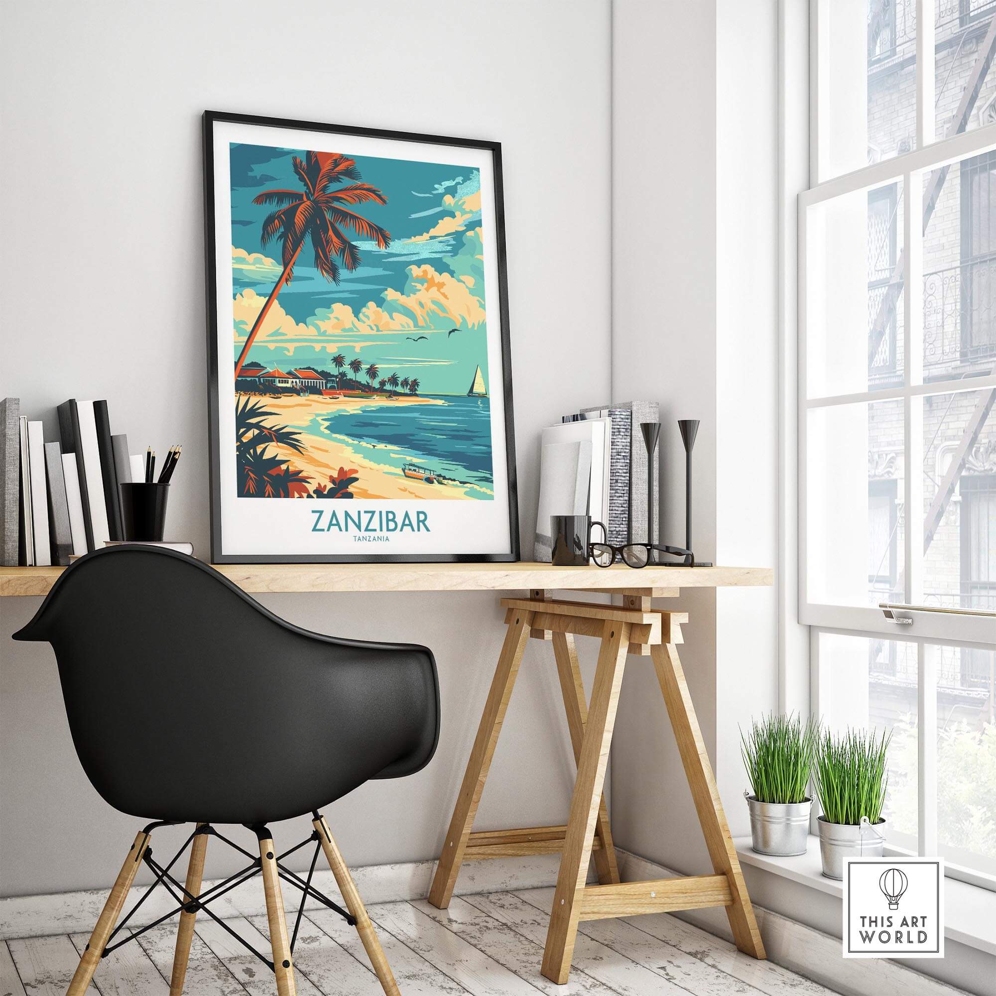 Zanzibar Travel Poster - Tanzania featuring a tropical beach scene with palm trees and serene waters.