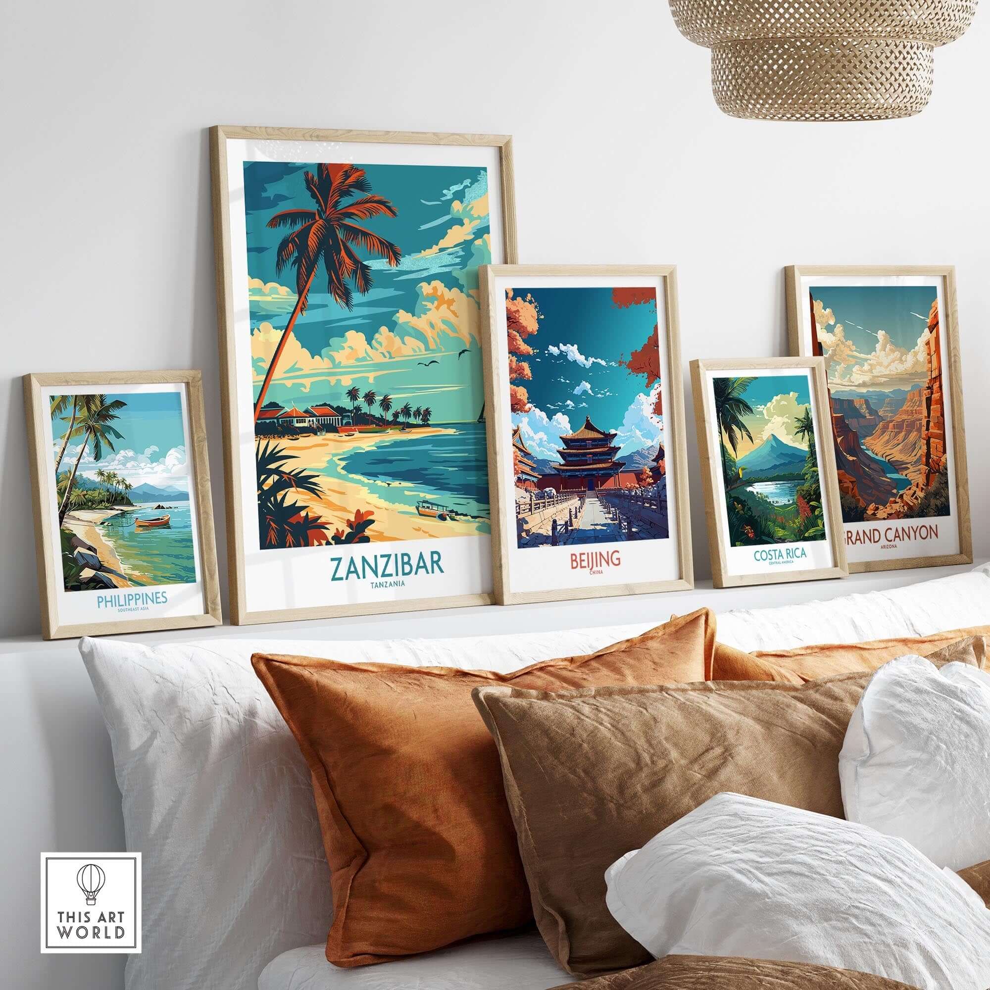 Zanzibar Travel Poster - Tanzania displayed among other travel posters on a stylish wall.